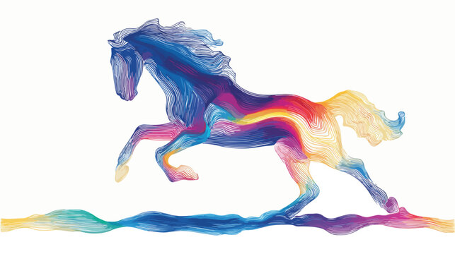 Representa&ccedil;&atilde;o art&iacute;stica e din&acirc;mica de um cavalo em pleno galope, com uma paleta de cores vibrantes e fluidas que evocam movimento e liberdade.