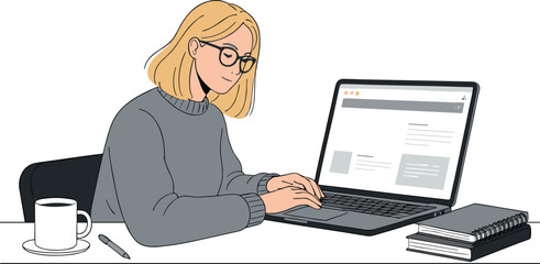 Focused laptop user cartoon illustration, symbolic digital productivity and expressive online research artwork for design and education