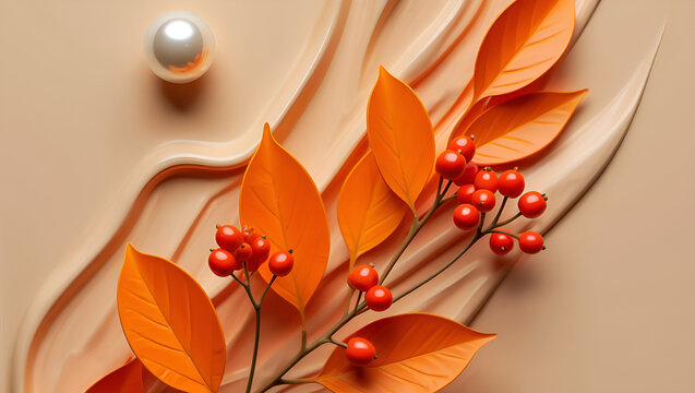 autumn  leaves with white pearls on abstract wallpaper background, Generative AI