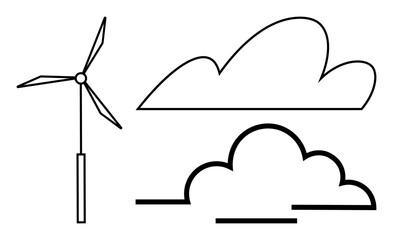 Wind turbine with two abstract cloud shapes highlighting clean energy. Ideal for renewable energy, sustainability, ecological awareness, environment, technology, green energy, nature-focused content