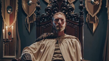 man seated on ornate throne wearing cloak and robe. beard framed by carved armrest and elaborate carving. shield and banner mounted behind. candle flame illuminates portrait and woodwork and gilding. - Powered by Adobe