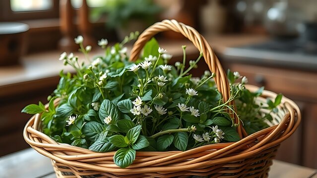woodruff. Woven wooden basket filled with freshly picked woodruff herbs in a rustic kitchen. menu design, packaging mockups, designed for culinary blogs and recipe cards for restaurants.