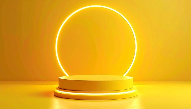 Circular yellow display pedestal with glowing neon ring on a monochromatic yellow background, designed for modern product presentation and visual impact. - Powered by Adobe