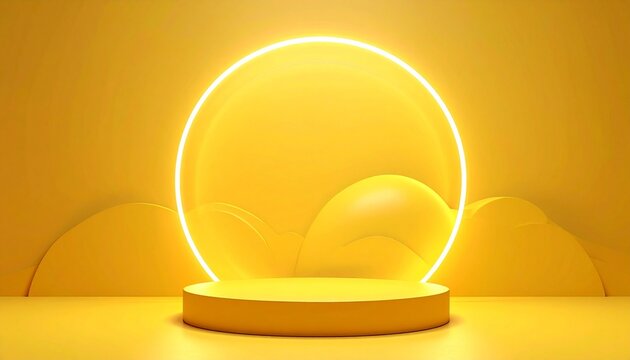 Circular yellow display pedestal with glowing neon ring on a monochromatic yellow background, designed for modern product presentation and visual impact.