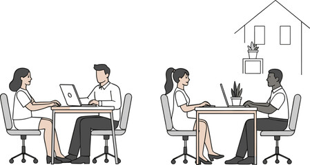 Hybrid work environment cartoon illustration, symbolic remote collaboration and expressive office versus home workspace artwork for education