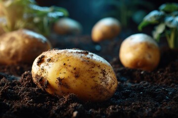 Freshly harvested organic potatoes in rich soil under sunlight showcasing sustainable farming practices and natural produce