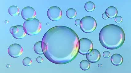 Soap bubbles on blue background with rainbow colors illumination, abstract background.