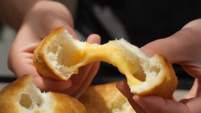 A close up footage of hand tearing a hot buttery and garlic bread 