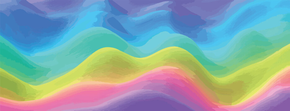 Vetor abstrato de ondas suaves em tons pastel de arco-&iacute;ris, fundo vibrante e art&iacute;stico para design.