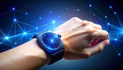A hand wears a futuristic smartwatch with a glowing display. It is set against a vibrant network of blue light lines and nodes