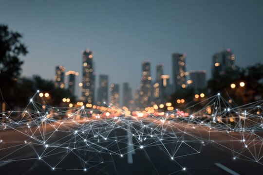 Smart city vision with a wireless communication network illuminating a bustling urban landscape at dusk