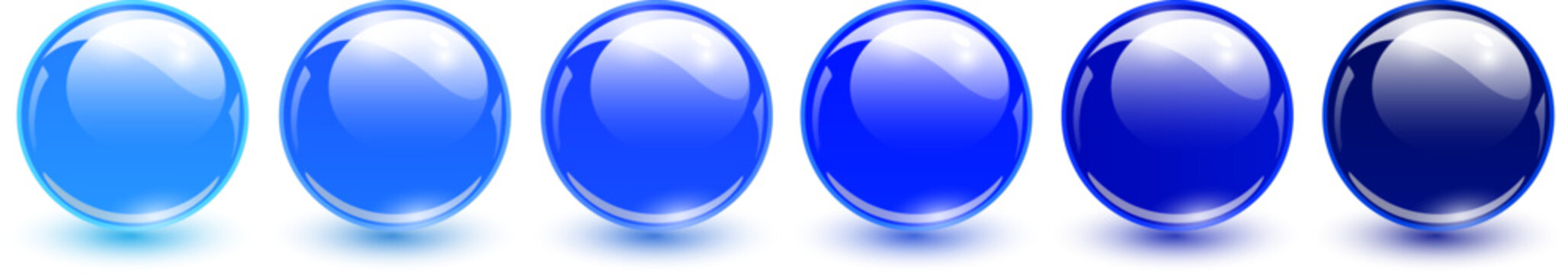 Blue glass balls set, 3D shiny spheres collection.