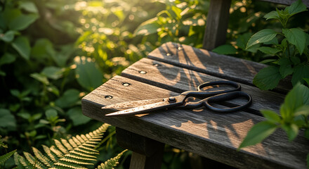 Garden scissors resting on wooden bench surrounded by greenery  