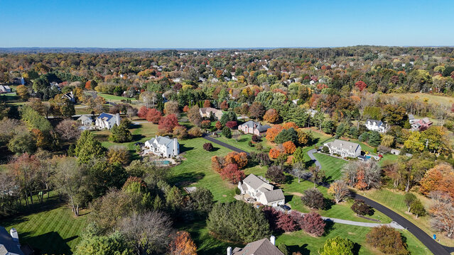 Single family house residential communities in the colorful fall in West Chester, suburb of Philadelphia, Pennsylvania