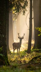 A majestic stag stands poised in a sunlit forest clearing, framed by tall, slender trees with soft, golden light