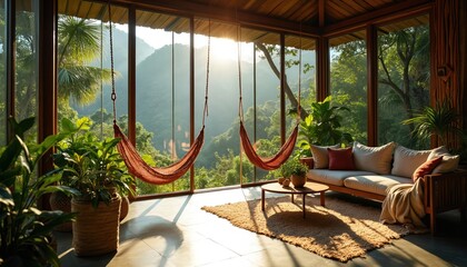 Obraz premium Relaxing room with hammocks overlooking lush green jungle mountains. Sun shines through large windows onto tropical plants and simple wood furniture. Peaceful nature retreat.
