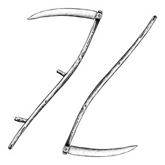 old scythes, showcasing their curved blades and wooden handles in a rustic vintage style. The artwork evokes themes of traditional farming, harvest, and rural life.