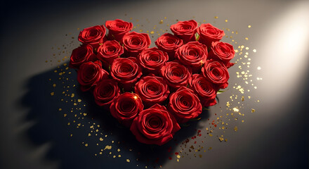 Heart shaped arrangement of vivid red roses on dark backdrop and gold glitter