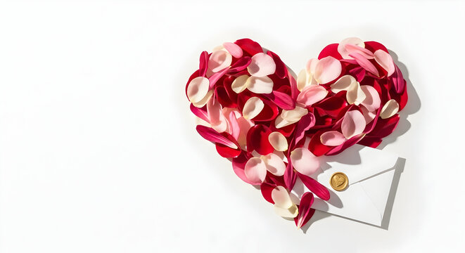 Heart shape made of flower petals on an envelope, sending love concept design