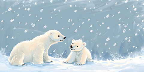 Adorable illustrated scene depicts a polar bear adult and cub in a snowy environment, with falling snowflakes creating a wintry, charming atmosphere and conveying a sense of family warmth.