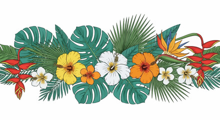 Floral Border with Tropical Flowers and Green Leaves for Decoration
