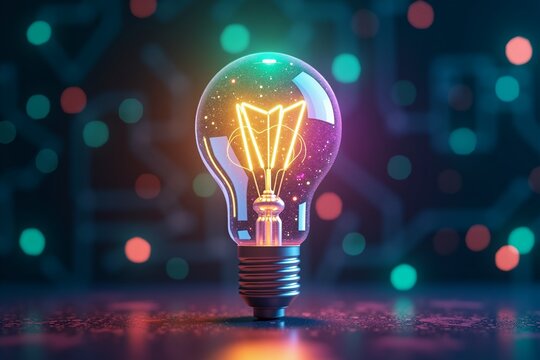 Glowing neon lightbulb filled with stars, vibrant colors, bokeh lights in background. Futuristic creativity concept.