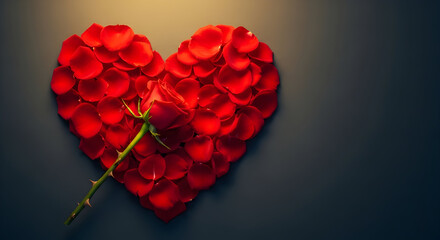 Romantic heart of red rose petals with a single rose for love concept