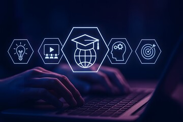 Global online education icons above keyboard for modern e learning