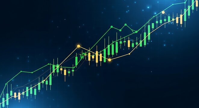 Abstract digital financial stock market chart with upward trend and glowing lights