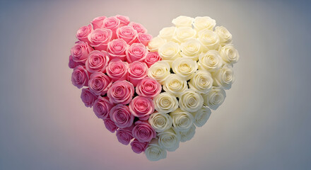 Romantic heart shape made of pink and white roses, symbol of love and union