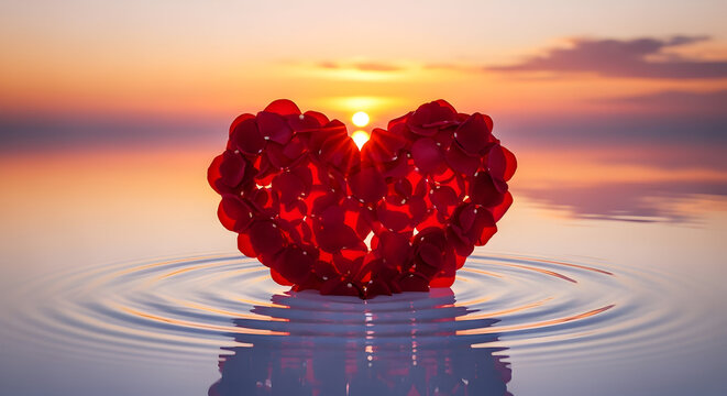 Romantic heart shape made of rose petals floating on water during sunset