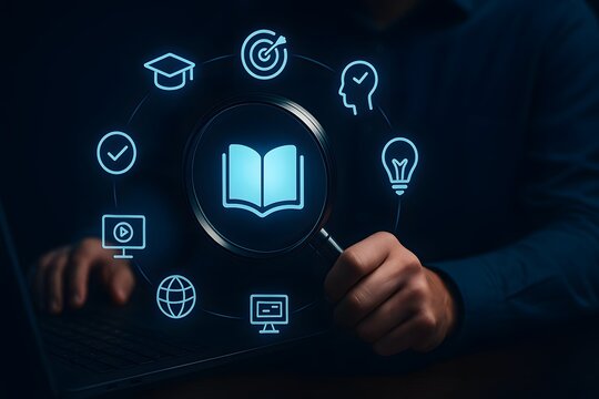 Knowledge discovery and e learning search with education icons around