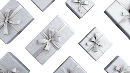 Silver gift boxes with satin bows scattered on black