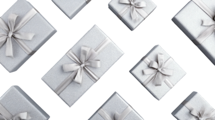 Silver gift boxes with satin bows scattered on black