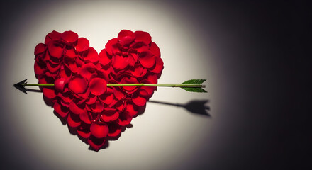 Rose petal heart pierced by arrow, symbol of love and Valentine's Day concept