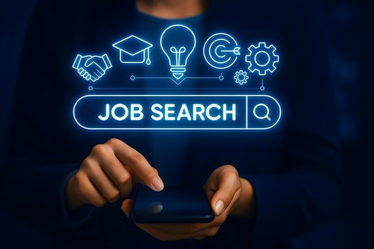 Modern job search interface on mobile with glowing icons