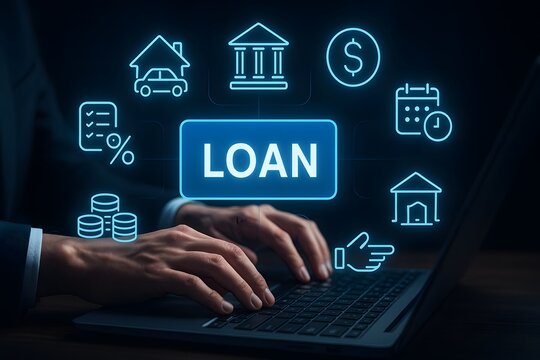 Online loan application with banking finance and repayment schedule icons