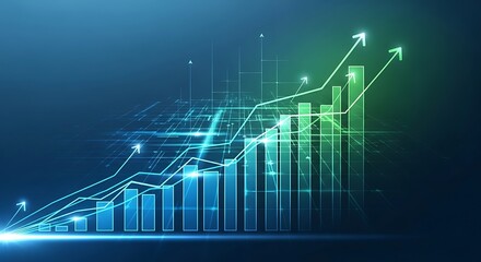 Digital financial graph showing upward trend and growth on dark blue background