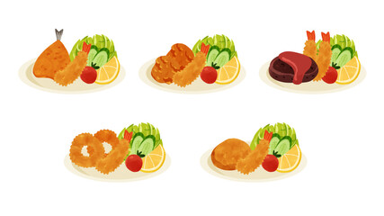 ミックスフライ5種類セット　水彩風手描きベクターイラスト