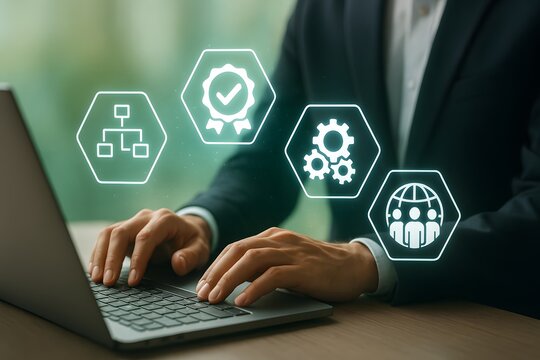 Quality assurance and workflow optimization with glowing process icons on laptop