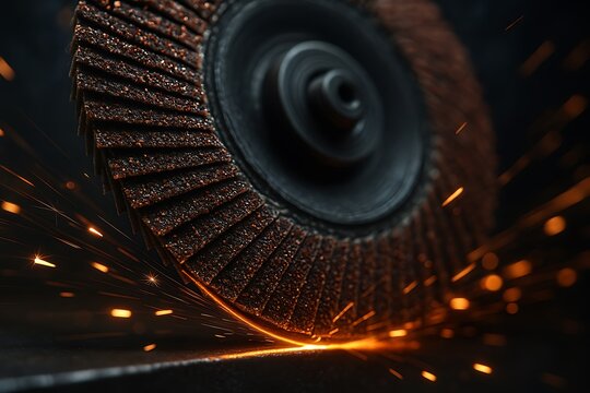 Macro View of Automotive Flap Disc Cutting Metal with Sparks