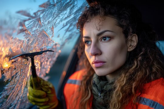 Determined woman removing ice from car window at dawn showcasing resilience and focus in harsh winter conditions with glacial frost patterns illuminated by dawn light