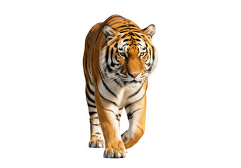 Obraz premium Majestic siberian tiger, vibrant orange fur, black stripes, walking, intense gaze, transparent studio background, soft light, concept of market dominance