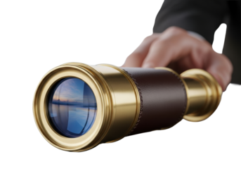 A polished vintage brass spyglass with dark leather, fully extended, rests on a blurred modern office desk, a subtle hand nearby, reflecting a sky in its lens, symbolizing strategic vision and future