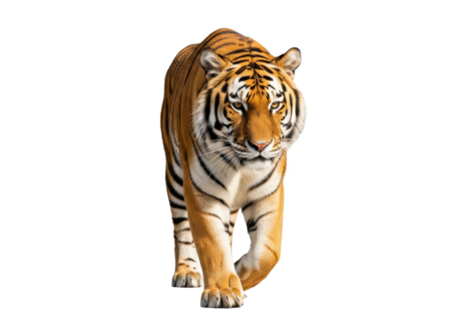 Majestic siberian tiger, vibrant orange fur, black stripes, walking, intense gaze, transparent studio background, soft light, concept of market dominance