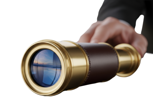 A polished vintage brass spyglass with dark leather, fully extended, rests on a blurred modern office desk, a subtle hand nearby, reflecting a sky in its lens, symbolizing strategic vision and future