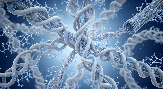 Molecular structures symbolize collagens strength and flexibility with fibers interwoven against a blue background 41655386 1
