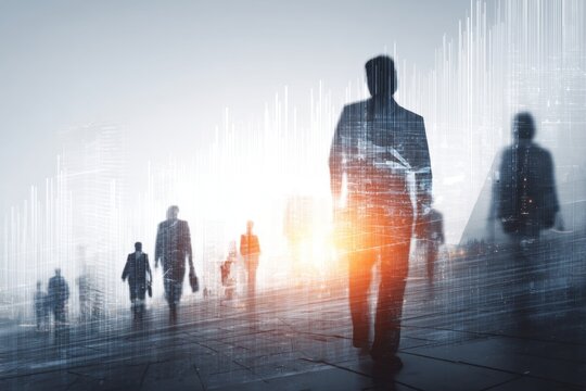 Digital marketing business scene with professionals navigating a mixed media environment at dawn