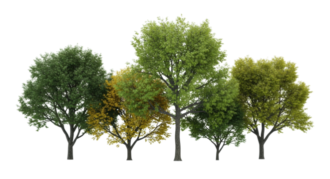 Mature deciduous trees, lush green and subtle autumn foliage, unique forms, against a clean gradient background with soft diffused light. Concept of environmental stewardship