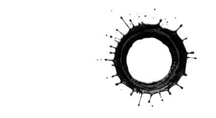 A single, dynamic black paint splash with organic drips and speckles, showing viscous texture, against an immaculate white studio background with negative space for text. Concept of innovation and